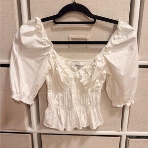 Reformation White Ruched Puff-Sleeve Peplum Blouse